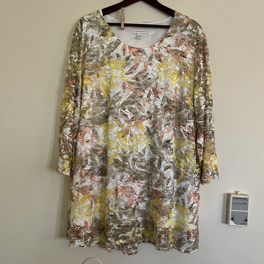 Susan Graver Spring Yellow Green Lace Overlay Stretch 3/4 Sleeve Womens SZ 3X